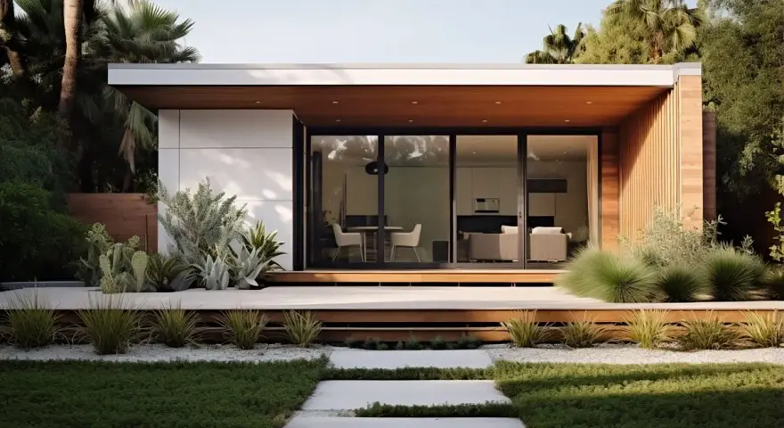 Moderna casa prefabbricata con ampie vetrate e tetto spiovente. Ottimi tetti prefabbricati prezzi al mq per un design contemporaneo.