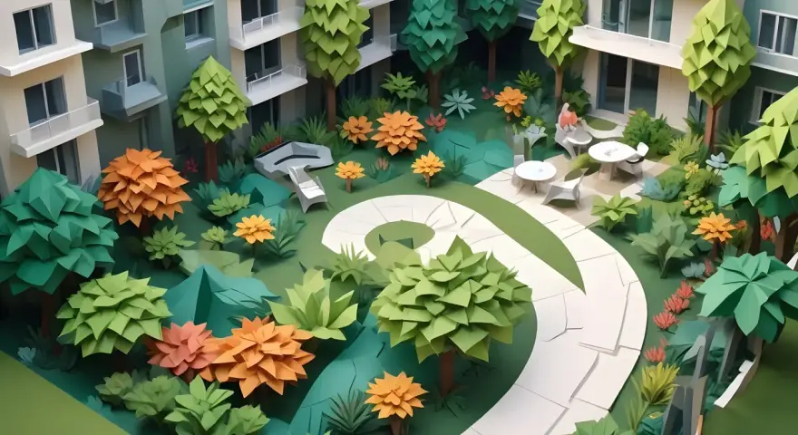 Un giardino stilizzato con alberi di carta e fiori colorati, circondato da palazzi verdi. Un percorso bianco serpeggia tra la vegetazione.
