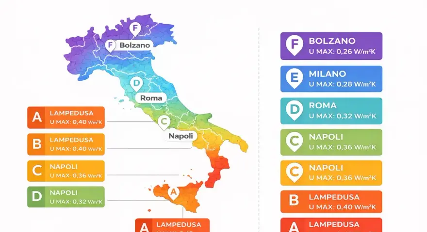 Mappa delle zone climatiche italiane con indicazione della trasmittanza cappotto termico massima consentita per ogni zona, da F (Bolzano) ad A (Lampedusa).