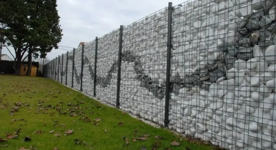 Muro di recinzione moderno con gabioni riempiti di pietre bianche e grigie, creando un motivo ondulato. Ottime idee muri di recinzione per un giardino.