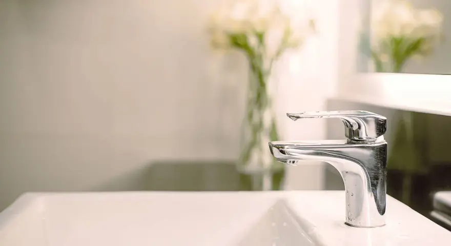 Rubinetto cromato o acciaio lucido su lavandino bianco, con fiori sfocati sullo sfondo.