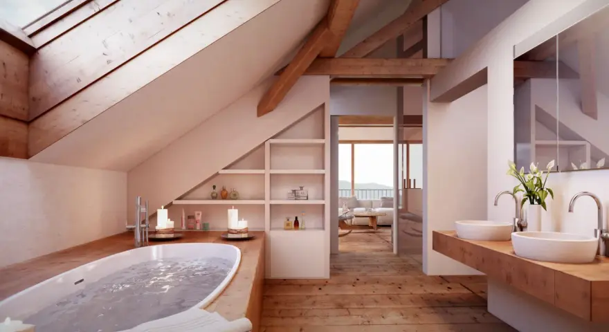 Bagno nel sottotetto non abitabile con vasca, lavandini e vista panoramica. Legno e luce creano un'atmosfera rilassante.