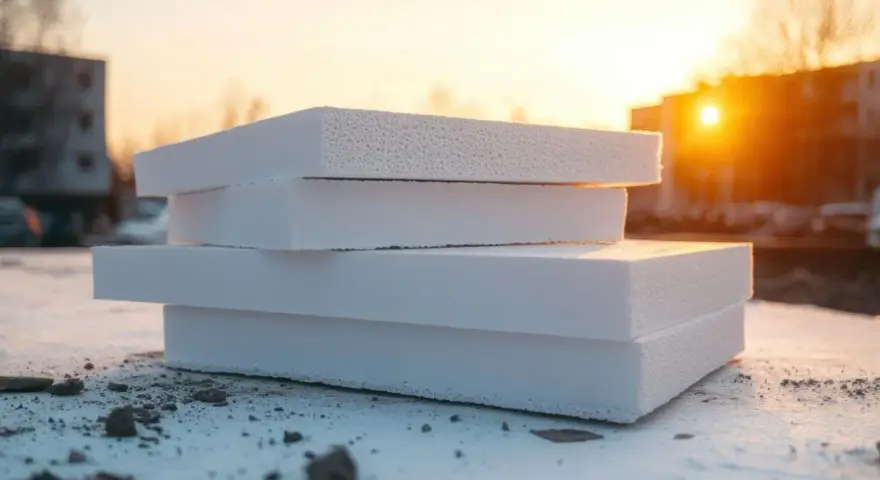 Lastre di polistirolo impilate al tramonto. Questo materiale è un eccellente isolante termico, perfetto per proteggere dal freddo.