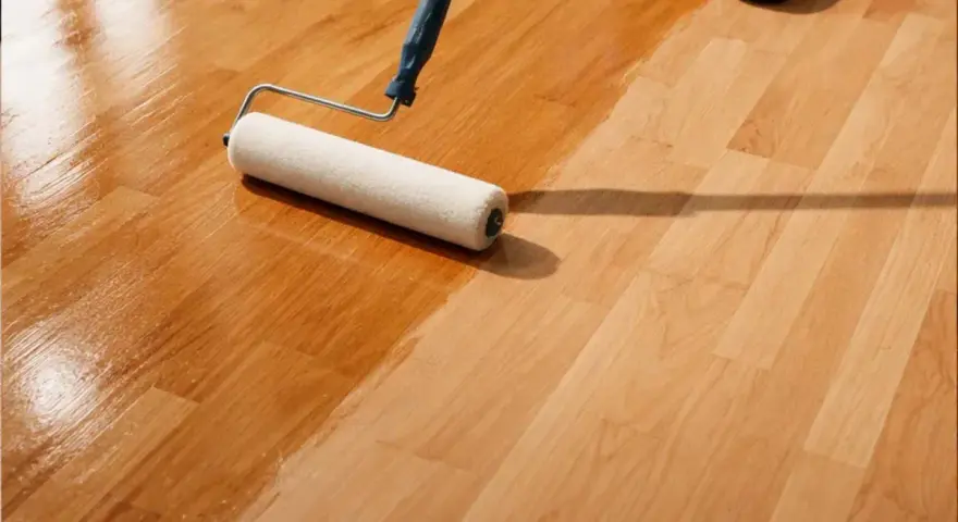 Rullo applica vernice su parquet in corso di levigatura fai da te. Il legno riacquista lucentezza.