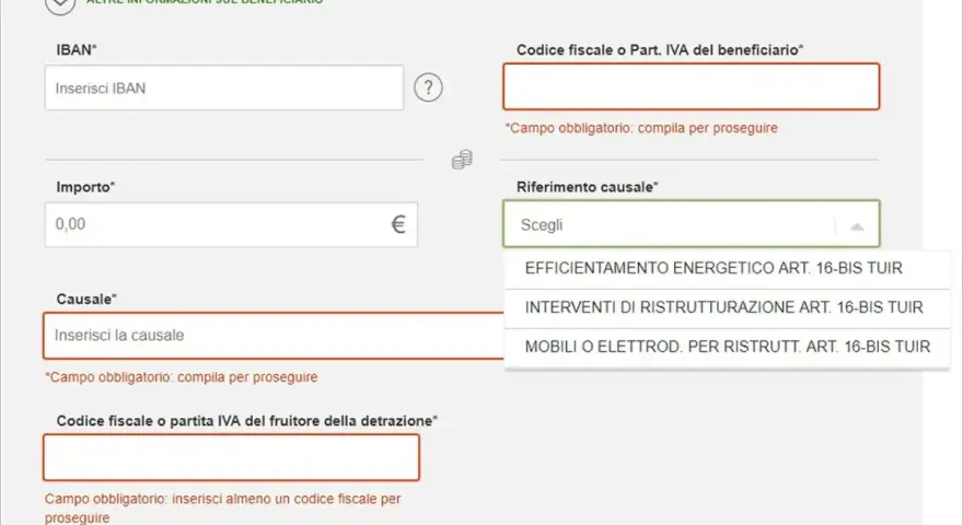 Compilazione bonifico per risparmio energetico. Seleziona "Efficientamento energetico" per la causale.