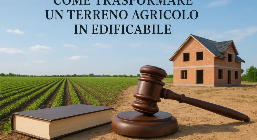 Martelletto da giudice su un libro aperto, con un campo agricolo e una casa in costruzione. La trasformazione di un **tipo particella fondiaria o edificabile**.