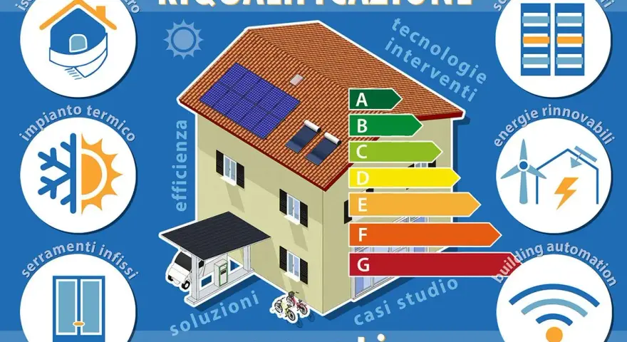 Casa con pannelli solari e simboli di efficienza energetica. Un'energy service company offre soluzioni per la riqualificazione.