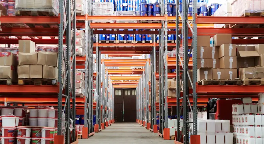 Magazzino con scaffalature arancioni piene di merci, tra cui barili blu e contenitori bianchi. Un corridoio centrale conduce a una porta doppia. Categoria catastale c/2.