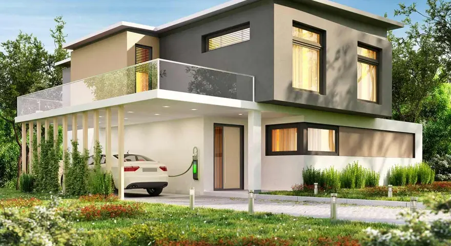 Casa moderna con esterno grigio e beige, auto elettrica in carica. Un'ispirazione per scegliere colore casa esterno.