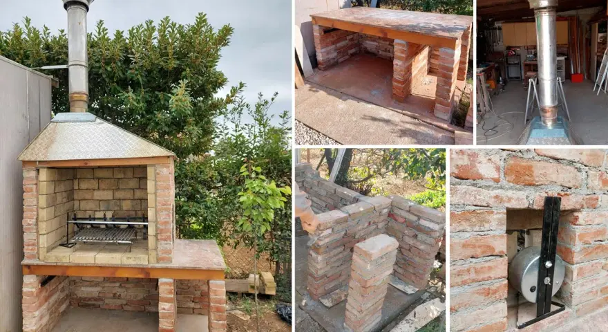 Costruzione di un barbecue fai da te in pietra, con dettagli sulla muratura e la canna fumaria.