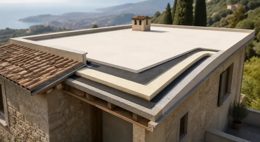 Cross-section of a flat roof showing layers of insulation, waterproofing, and finishing.