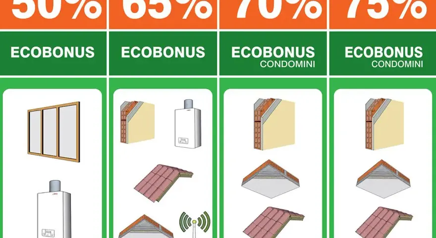 Ecobonus: 50% infissi, 65% caldaia, 70% cappotto e tetto, 75% cappotto e tetto per condomini. Ristrutturazione con articolo 16 bis.