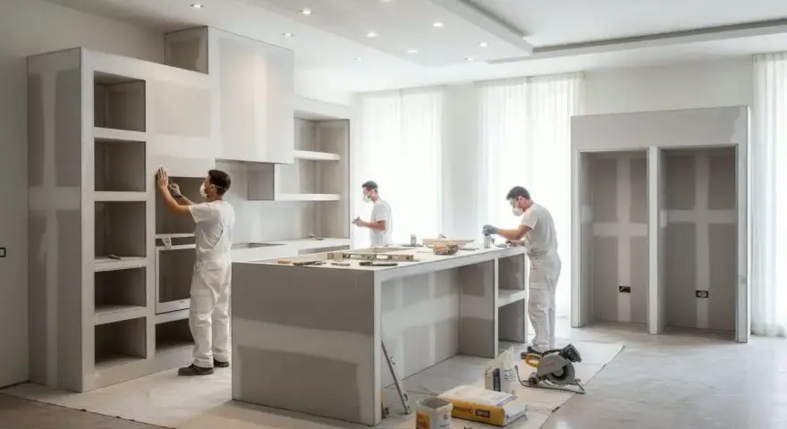 Operai al lavoro su una moderna cucina in cartongesso, in fase di costruzione.