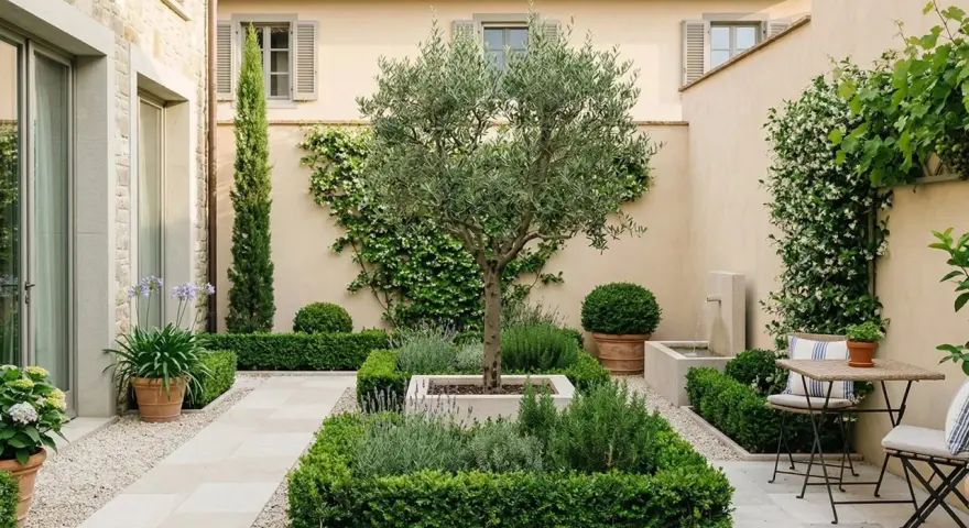 Giardino curato con ulivo centrale, aiuole geometriche e fontana. Belle idee muretto giardino per definire gli spazi.
