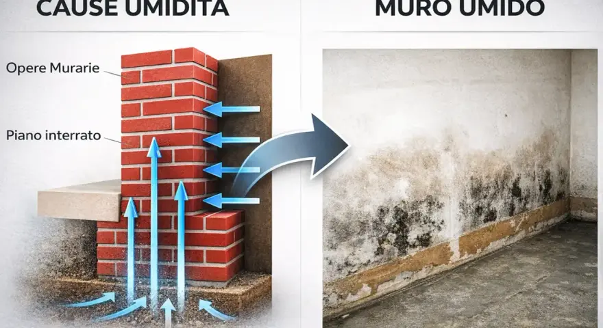 Illustrazione delle cause di umidità di risalita: acqua nel terreno che risale nel muro, creando muffa e macchie.