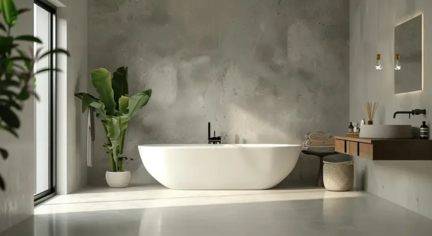 Bagni in resina idee: vasca freestanding bianca, piante verdi, lavabo in pietra e finiture in cemento per un look moderno e rilassante.