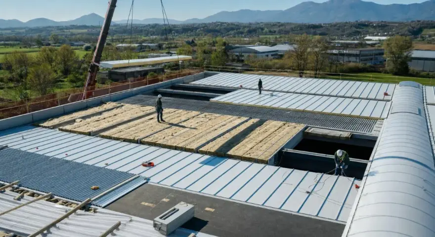 Operai installano pannelli isolanti su un tetto, riducendo il rumore. Un cantiere in corso con montagne sullo sfondo.
