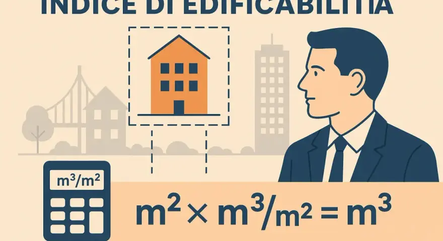 Calcolo dell'indice di edificabilità mq/mq: un uomo d'affari osserva una casa e una formula matematica con una calcolatrice.