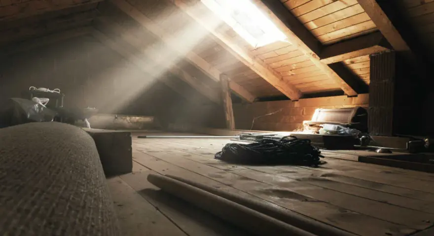 Raggi di sole illuminano un sottotetto non abitabile, pieno di oggetti dimenticati e travi di legno.