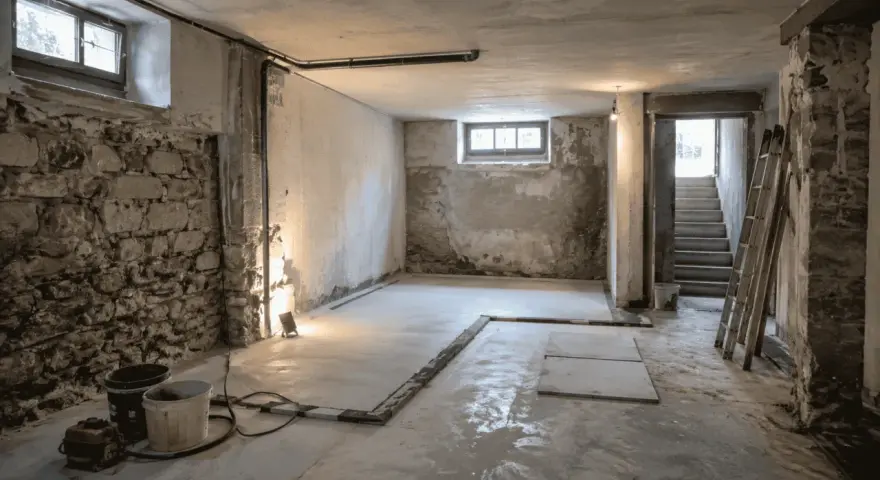 Cantina in ristrutturazione, con pareti in pietra grezza e cemento. Si nota la preparazione per l'isolamento del pavimento umidità.