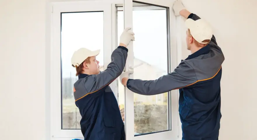 Installatori montano una finestra, mostrando le spallette finestre cosa sono e come si integrano nel muro.