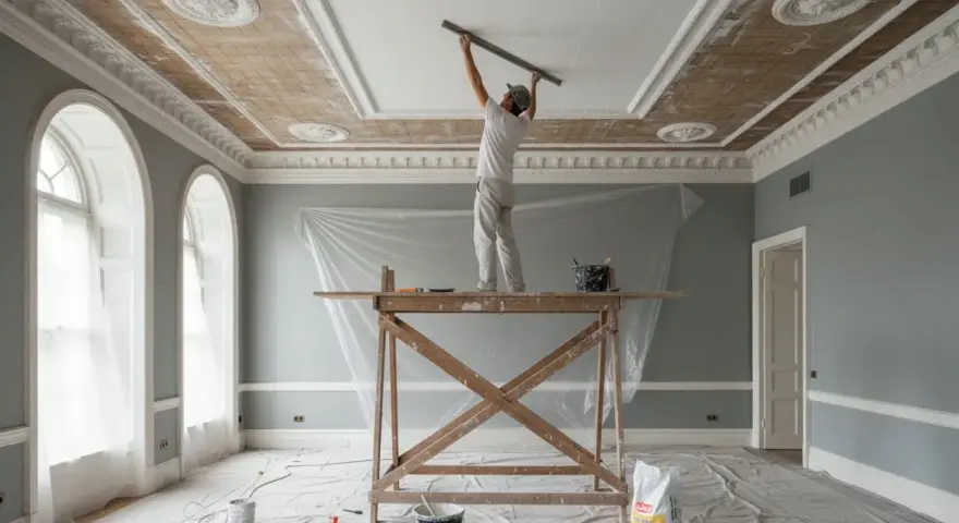 Un operaio sta intonacando il soffitto di una stanza elegante, con impalcature e teli protettivi.