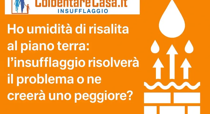 Umidità di risalita al piano terra: l'insufflaggio risolverà il problema o ne creerà uno peggiore? Icona di gocce d'acqua e frecce che salgono da mattoni.