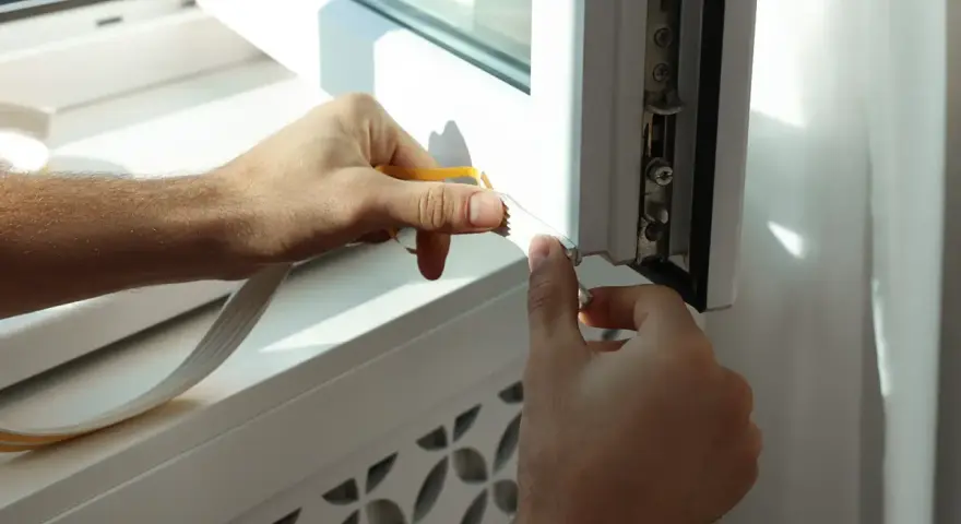 Mani applicano nastro isolante per sigillare le finestre dagli spifferi, migliorando l'isolamento termico.