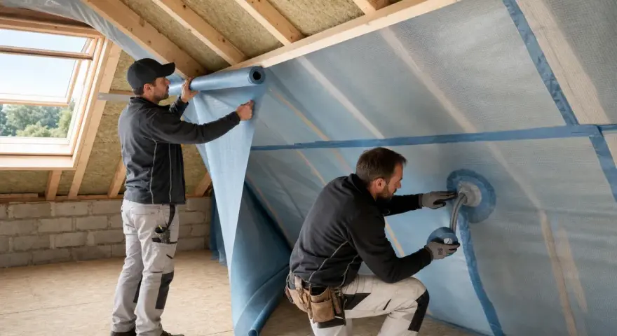 Operai installano membrana traspirante per tetto. La permeabilità al vapore dei materiali è fondamentale per l'isolamento.