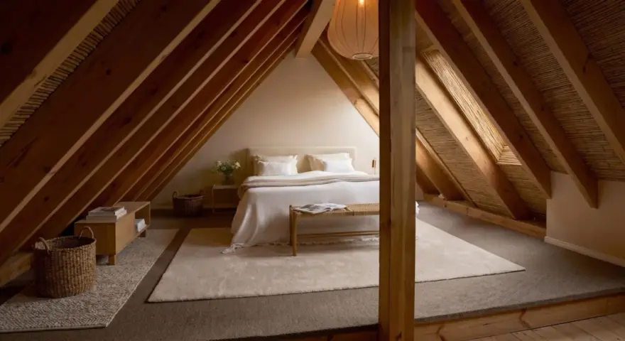 Accogliente camera da letto in un **sottotetto bassissimo**, con travi in legno a vista e un letto bianco immacolato.