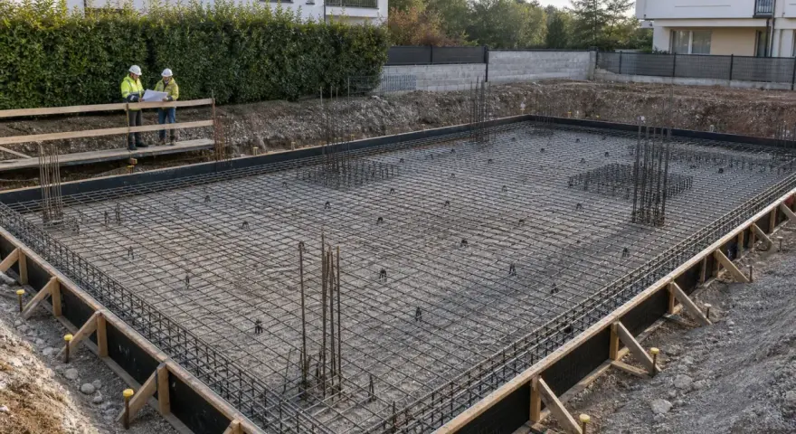 Costruzione di una platea di fondazione con rete metallica e armature in vista. Due operai con caschi discutono il progetto.