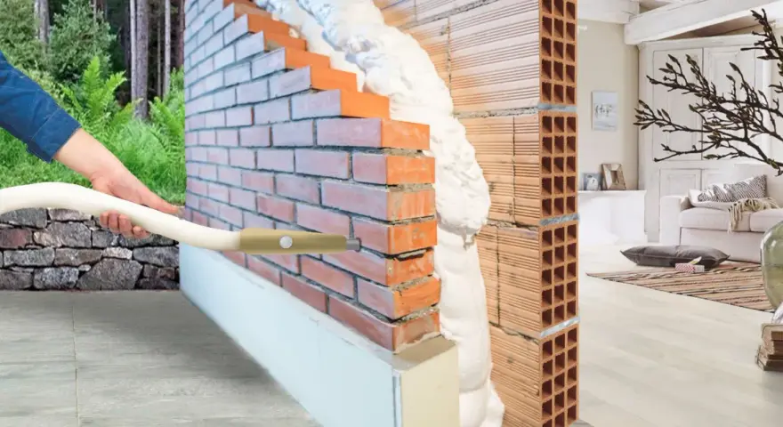 Applicazione di schiuma isolante termica in una parete di mattoni per un maggiore comfort abitativo.