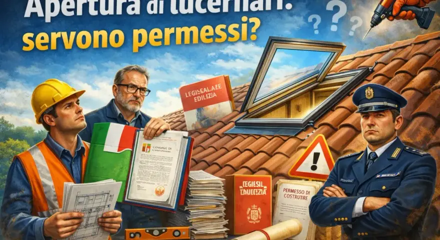 Operai e vigile esaminano documenti su un tetto con lucernario aperto. Attenzione ai **lucernari abusivi** e alle relative **sanzioni**.