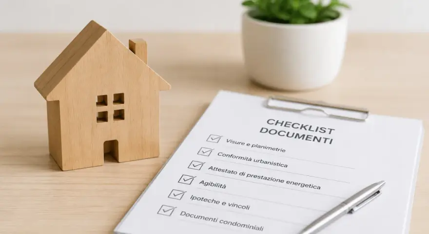 Modello di casa in legno accanto a un checklist documenti, ideale per un esempio capitolato casa nuova costruzione.