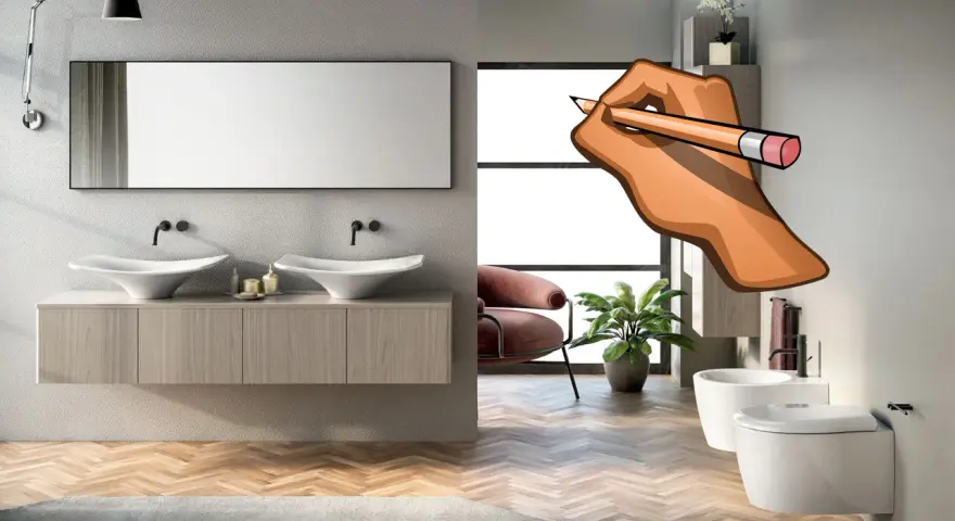 Disegno a matita su un bagno moderno: quanto costa rifare un bagno di 5mq?