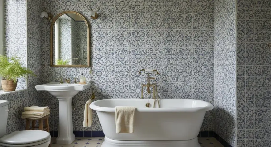 Bagno con piastrelle blu e bianche, vasca freestanding e lavabo a colonna. Un esempio per capire quanto costa piastrellare un bagno.