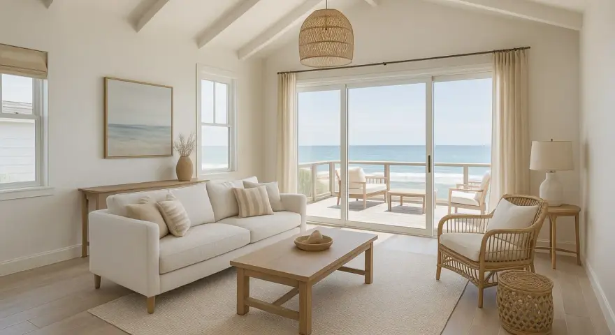 Soggiorno luminoso con vista mare, perfetto per idee ristrutturazione casa al mare. Divano bianco, tavolino in legno e poltrona in rattan creano un'atmosfera rilassante.