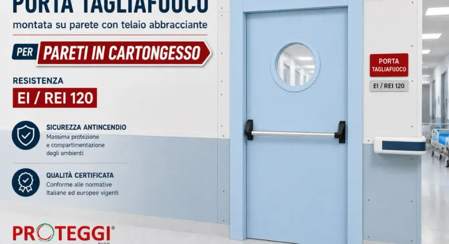Porta tagliafuoco per pareti in cartongesso, con resistenza EI/REI 120, garantisce sicurezza e compartimentazione.