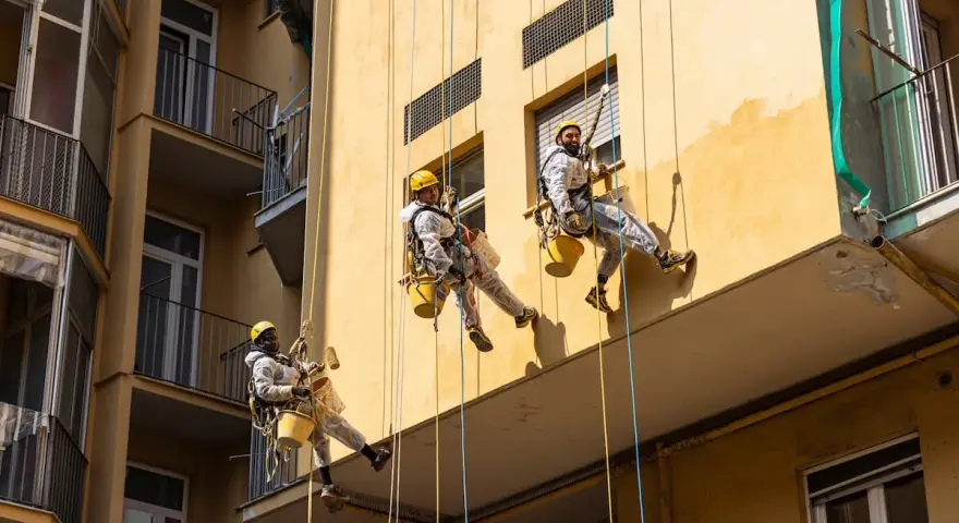 Operai in corda applicano diversi tipi di intonaco per esterni su un edificio giallo.