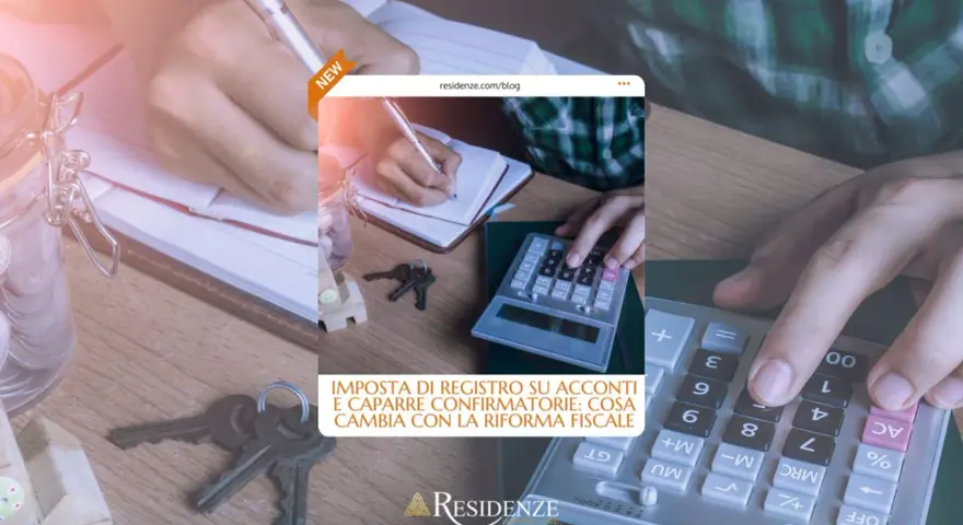Calcoli per l'imposta di registro su acconti e caparre. Chiavi, salvadanaio e calcolatrice indicano la gestione finanziaria.