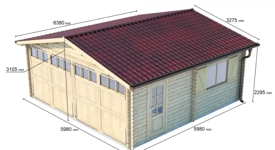 Garage in legno per 2 auto, con dimensioni 5980x6380 mm. Ideale per ospitare due veicoli, offre spazio e protezione.