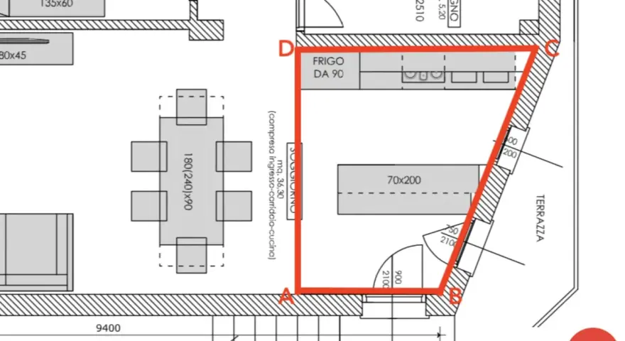 Planimetria con area evidenziata in rosso, utile per capire come si calcola il metro quadro di un soggiorno.