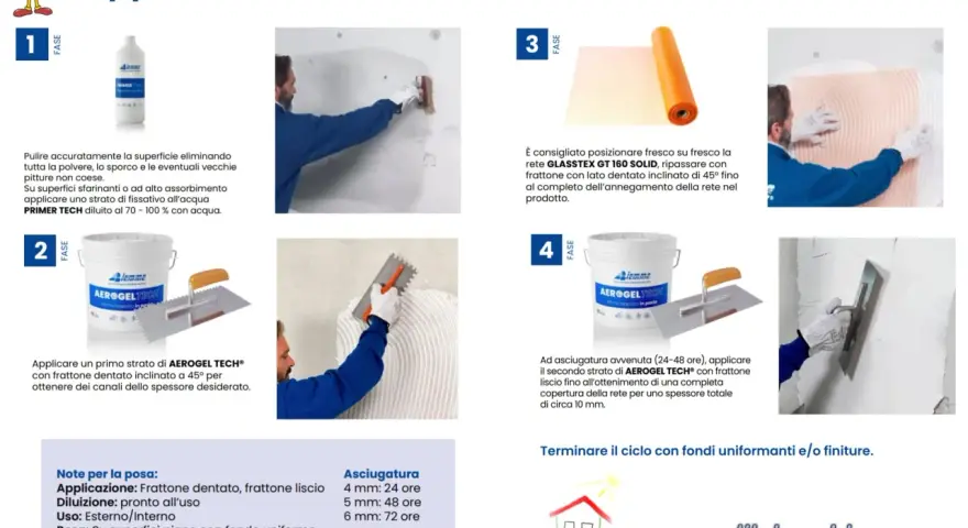 Applicazione di pannelli aerogel per cappotto interno: pulizia, primer, posa rete e stesura prodotto con frattone.
