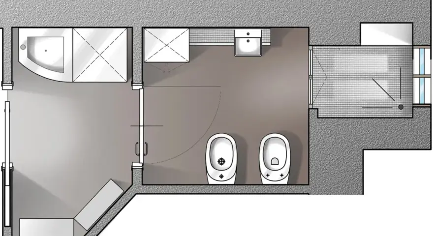 Pianta di un bagno con doccia, lavandino, due WC e un bidet. L'antibagno obbligatorio è ben visibile.