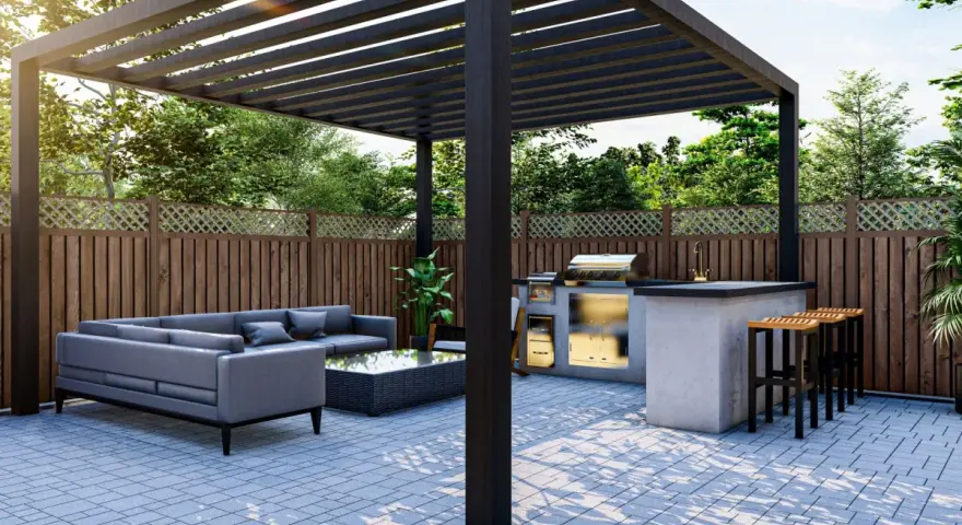 Pergolato moderno con zona relax e cucina esterna, ideale per chi cerca come coprire un terrazzo dalla pioggia e godersi lo spazio all'aperto.