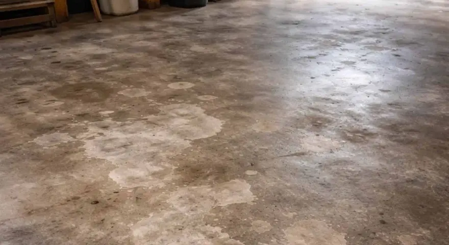 Pavimenti in cemento con macchie chiare, forse residui di acido muriatico dopo la pulizia.