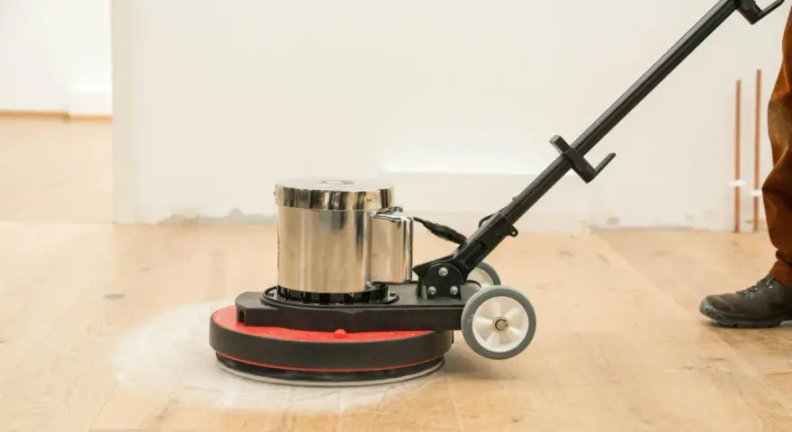 Macchina levigatrice in azione per levigare parquet fai da te. La polvere bianca indica il lavoro in corso.