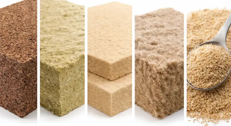 Blocchi di sughero, lana di roccia, fibra di legno e canapa: esempi di materiali isolanti naturali per un futuro sostenibile.