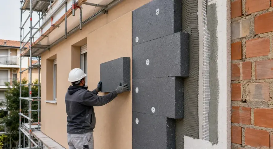 Operaio applica pannelli isolanti per il cappotto casa. Lavori di ristrutturazione in corso.