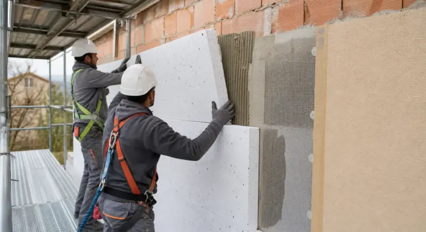 Operai in cantiere applicano pannelli isolanti per forare cappotto termico. Lavori di isolamento esterno.